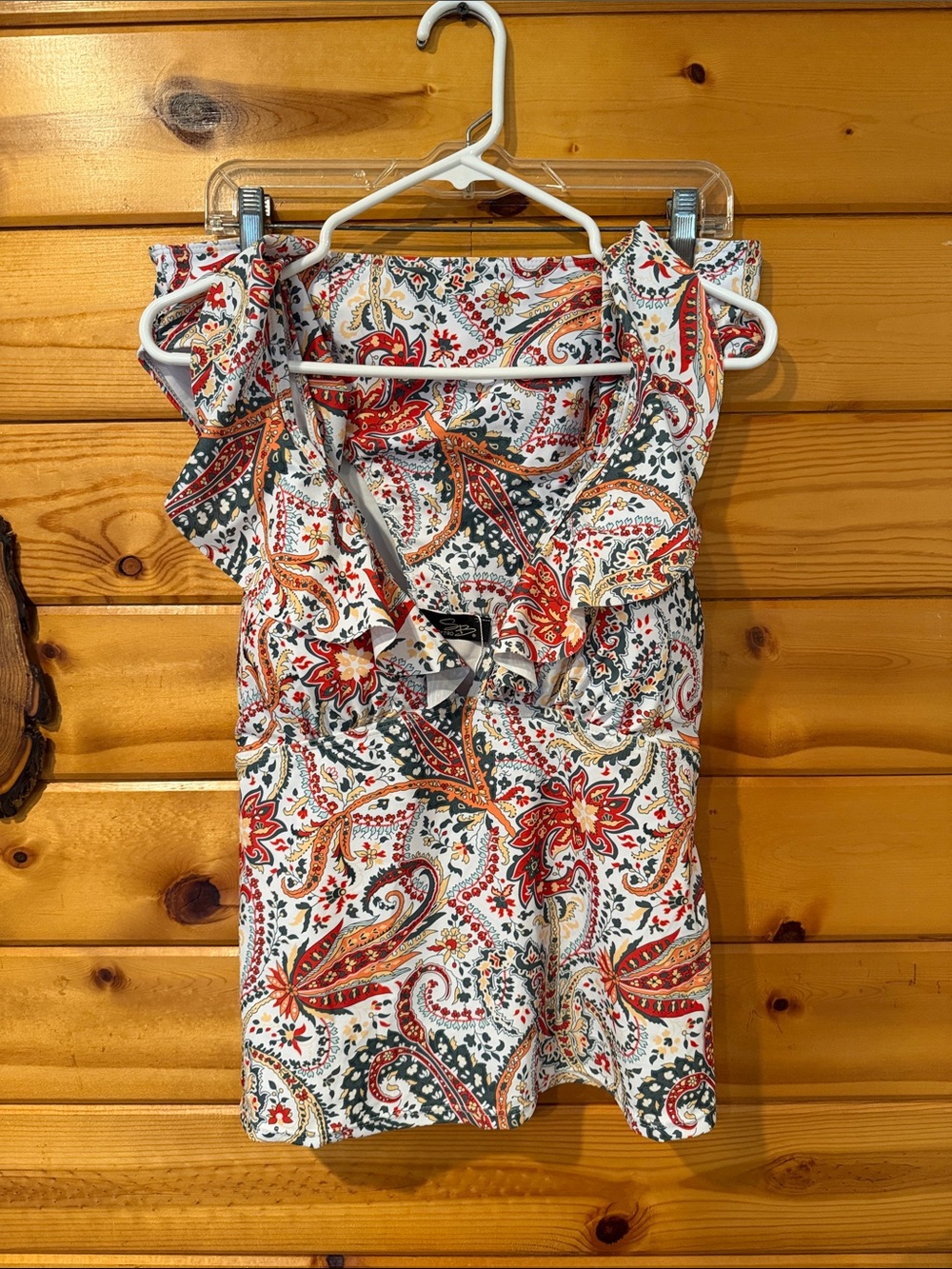 Suzanne Betro Paisley Ruffle-Neck Tunic in Red, Cream & Green